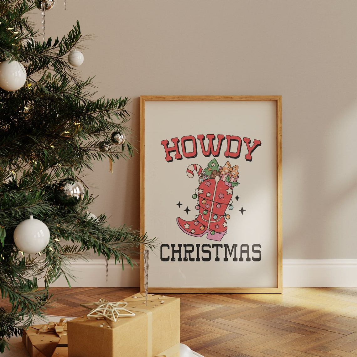 Howdy Christmas Red Cowboy Boot Lights Western Holiday Poster - Image 4