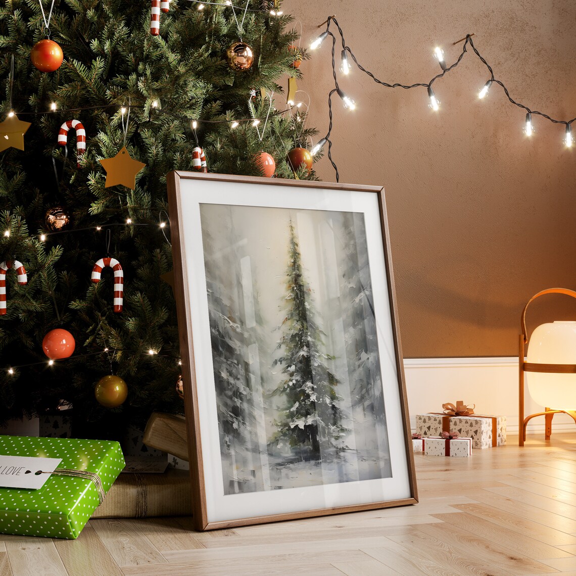 Snowy Evergreen Tree Misty Winter Forest Oil Style Christmas Wall Art - Image 2