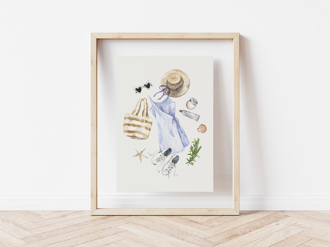 Girl Summer Outfit Flat Lay Blue Sundress Straw Hat Watercolor Poster - Image 3