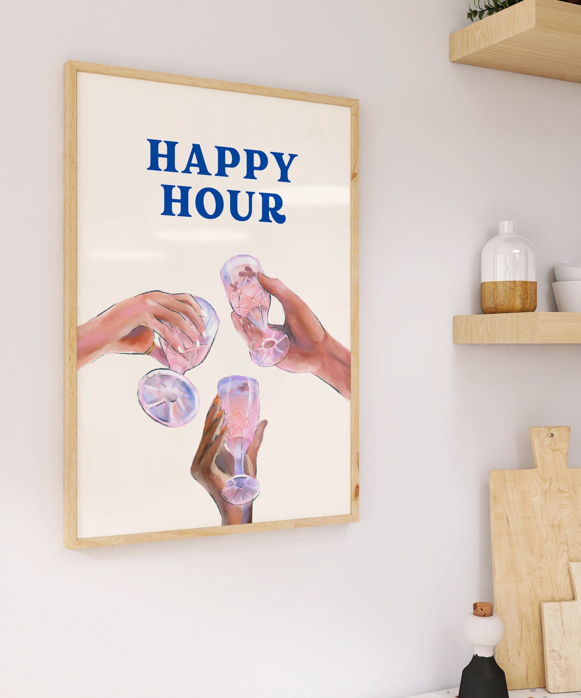 Happy Hour Blue Typography Cocktail Coupe Toast Bar Cart Poster - Image 2