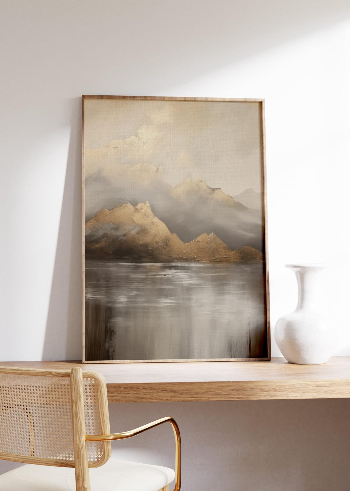 Golden Misty Mountain Peaks Reflecting On Calm Dark Lake Print - Image 4