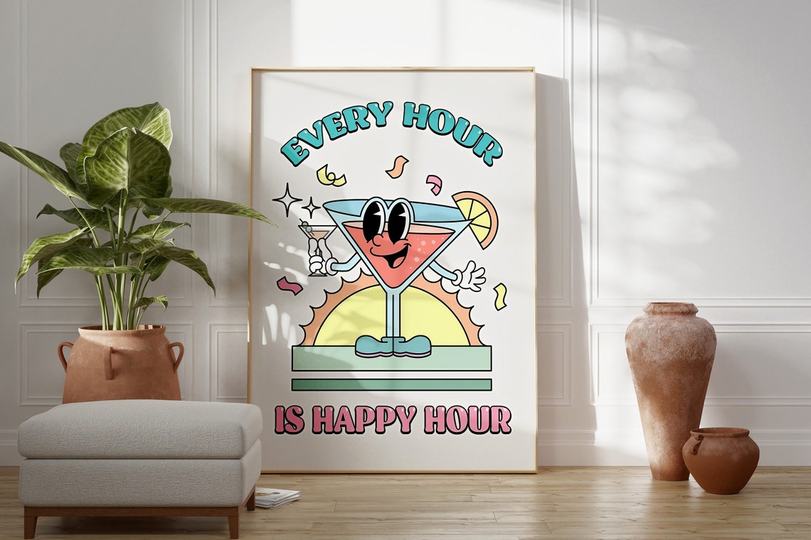 Every Hour Is Happy Hour Smiling Cartoon Martini Retro Poster - Image 2