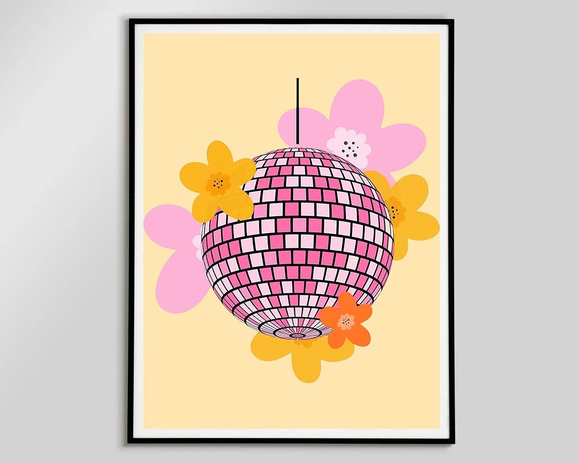 Pink Disco Ball Retro Flowers Trendy Dorm Room Poster Cute Decor