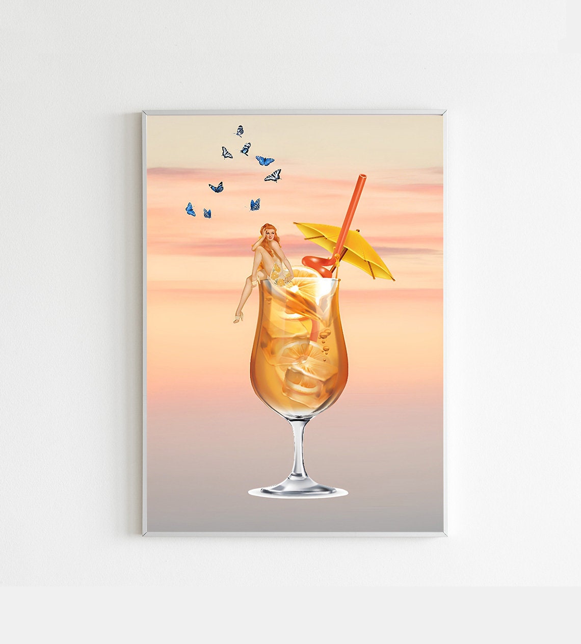 Giant Tropical Cocktail Pin-Up Woman Surreal Sunset Bar Cart Poster