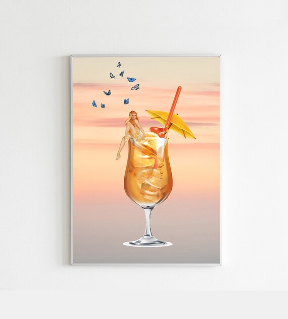 Giant Tropical Cocktail Pin-Up Woman Surreal Sunset Bar Cart Poster