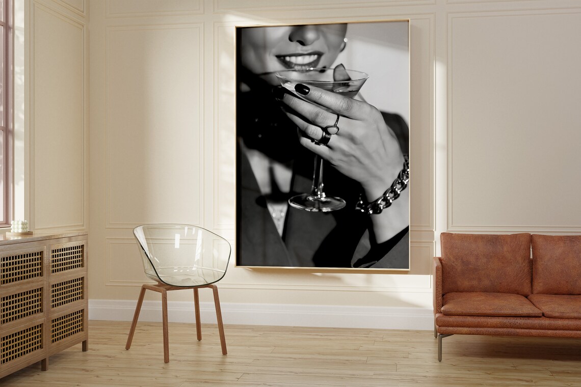 Black And White Martini Woman Cocktail Photo Print Bar Cart Decor - Image 2