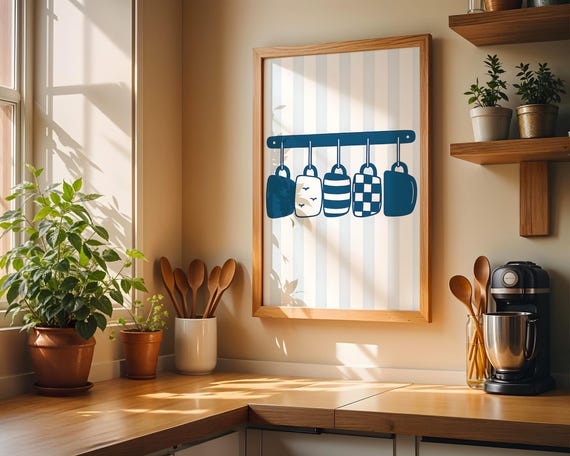 Blue Kitchen Mug Wall Art Coffee Cup Modern Minimalist Decor Scandinavian Style For Instant