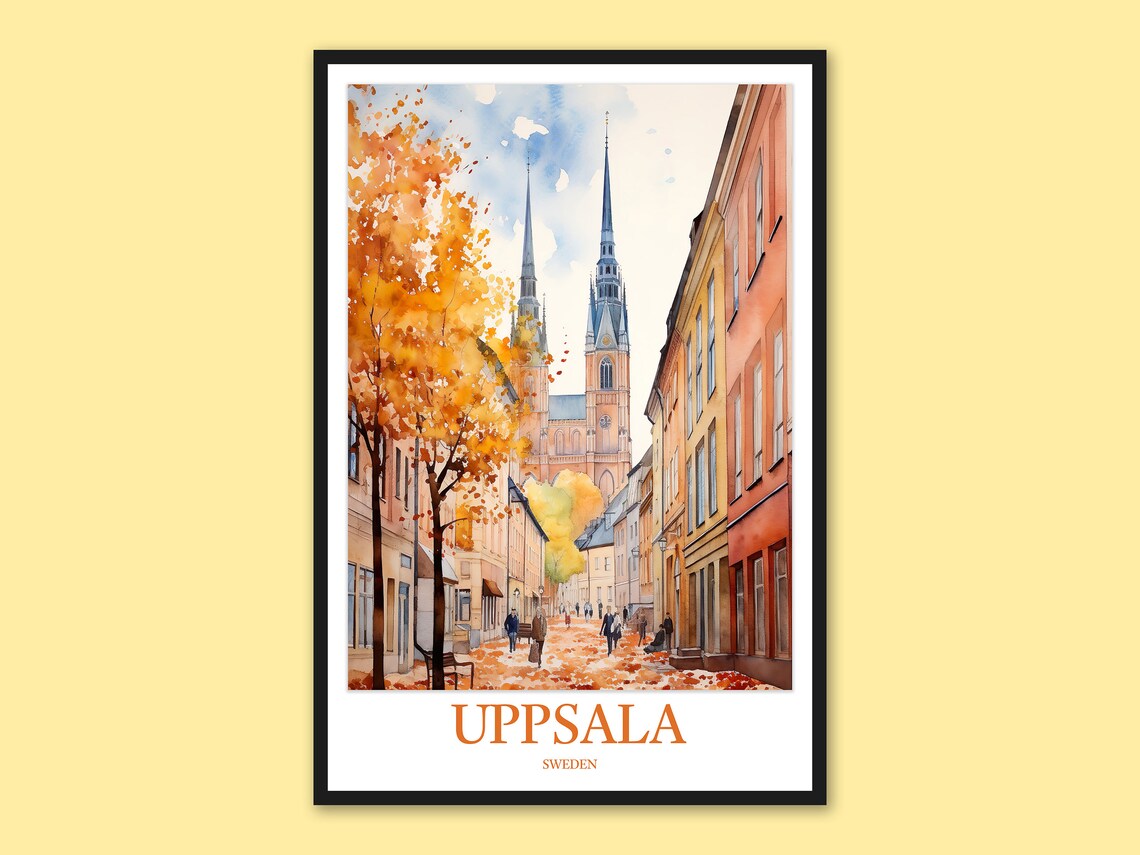 Uppsala Sweden Autumn Street Scene Watercolor Painting Travel Poster