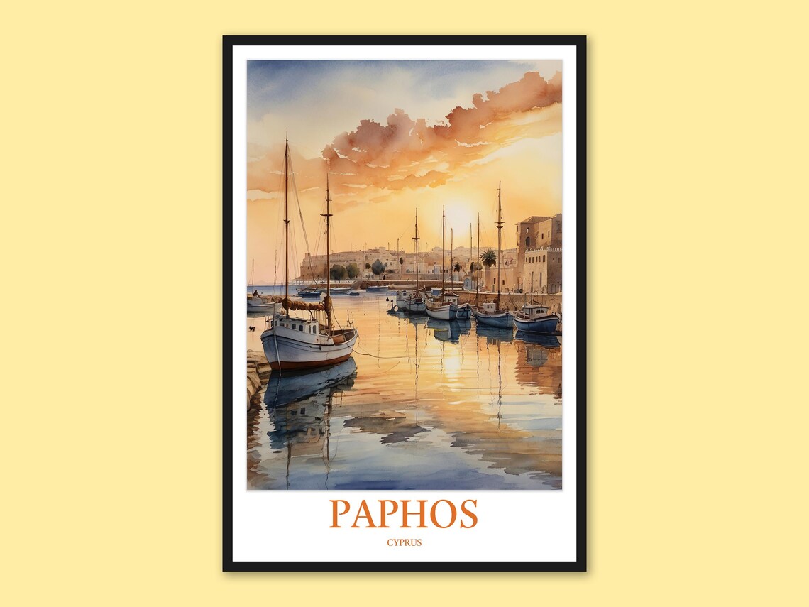 Paphos Cyprus Marina Golden Sunset Sailboats Watercolor Poster