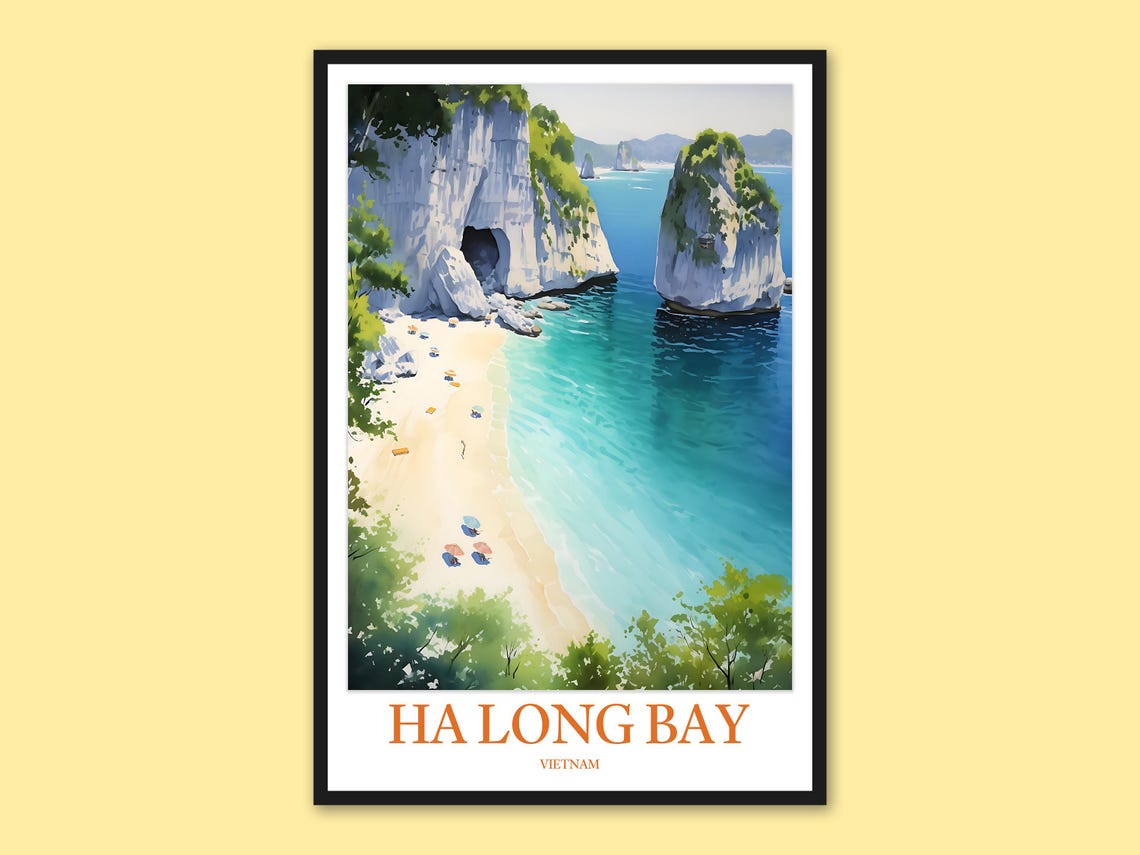 Ha Long Bay Vietnam Daytime Beach Cove Karst Cliffs Travel Poster