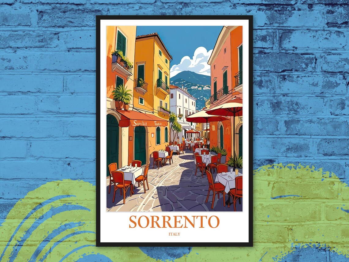 Sorrento Italy Old Town Cafe Street Sunlit Colorful Travel Poster
