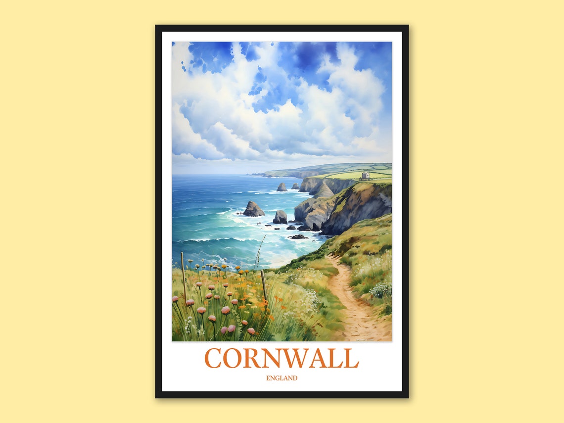 Cornwall England Coastal Footpath Wildflowers Watercolor Travel Poster