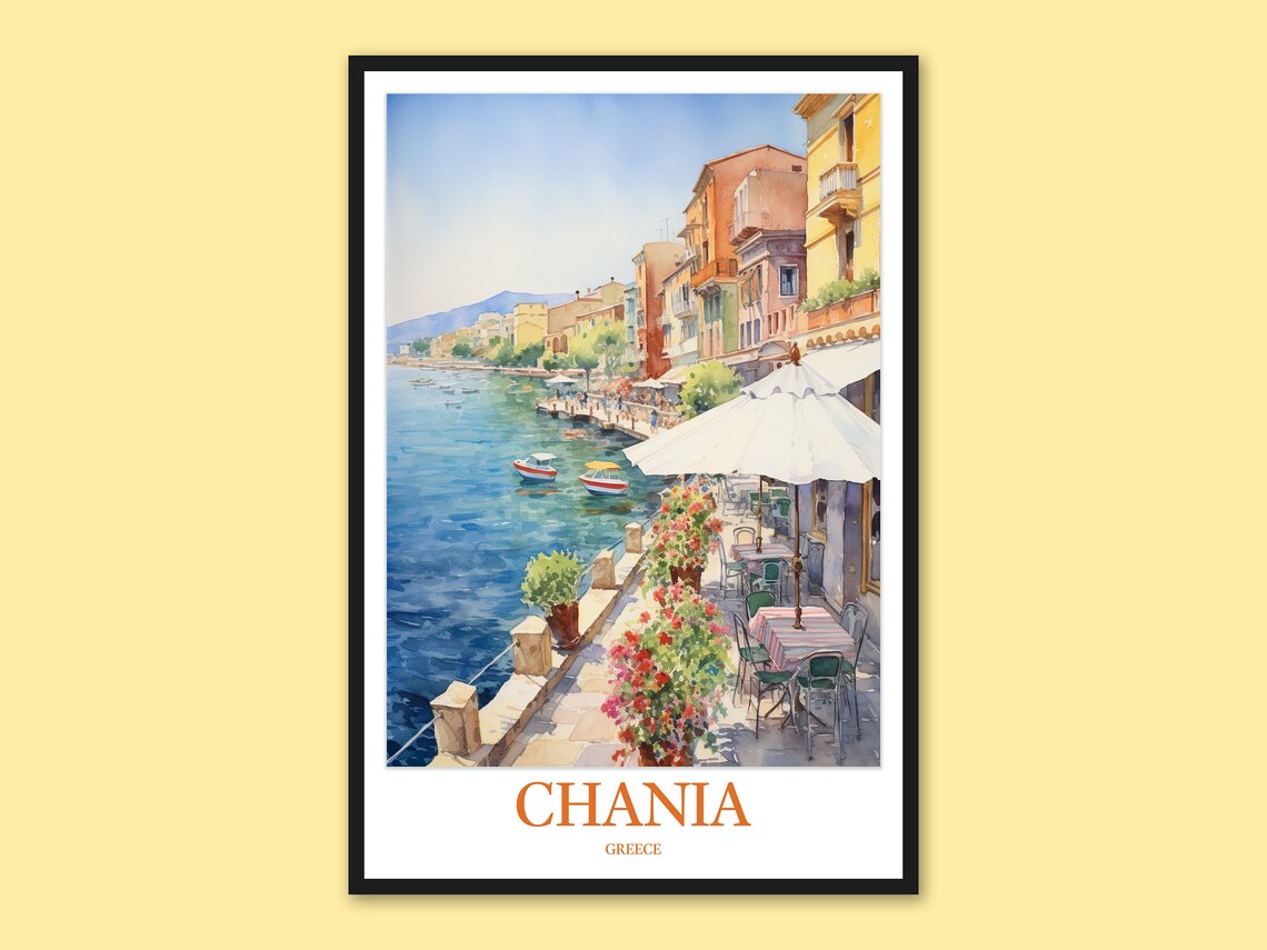 Chania Greece Seafront Promenade Cafes Blue Sea Travel Poster