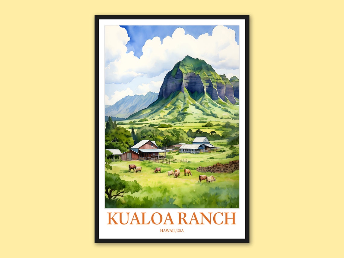 Kualoa Ranch Hawaii Ranch Barns and Green Mountain Travel Poster