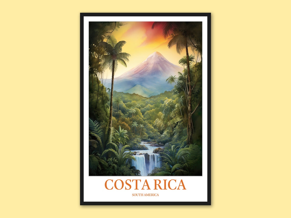 Costa Rica Arenal Volcano Lush Jungle Waterfall Travel Poster