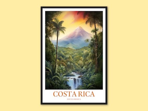 Costa Rica Arenal Volcano Lush Jungle Waterfall Travel Poster