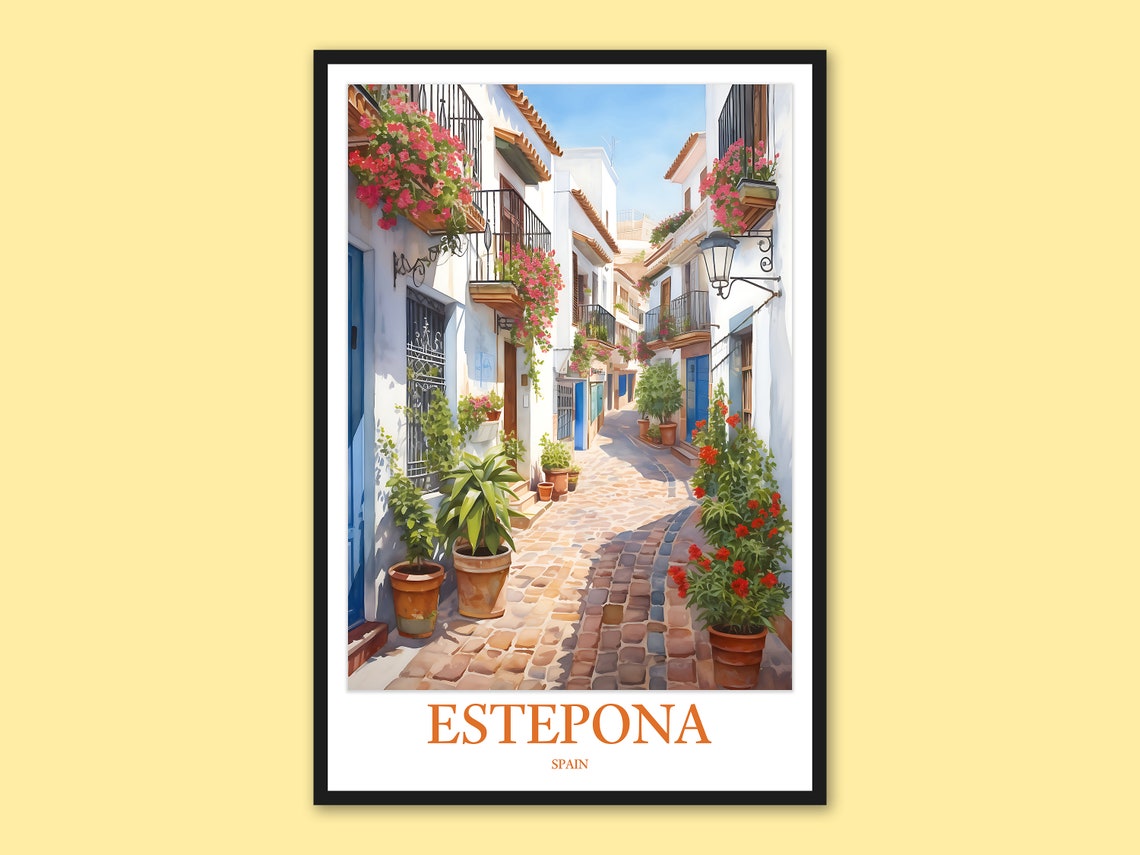 Estepona Spain Cobbled Flower Street Watercolor Travel Poster