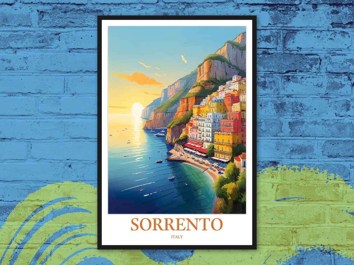 Sorrento Italy Cliffside Village Sunset Over Sea Travel Poster