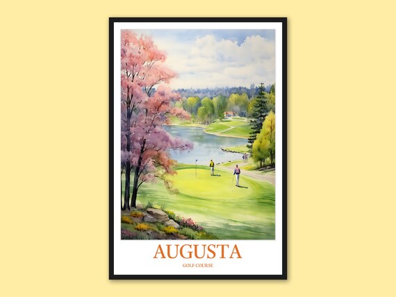 Augusta Golf Course Spring Blossom Lake View Watercolor Poster
