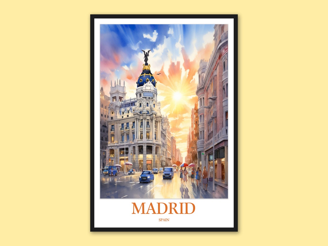 Madrid Spain Gran Via Metropolis Building Sunset Travel Poster