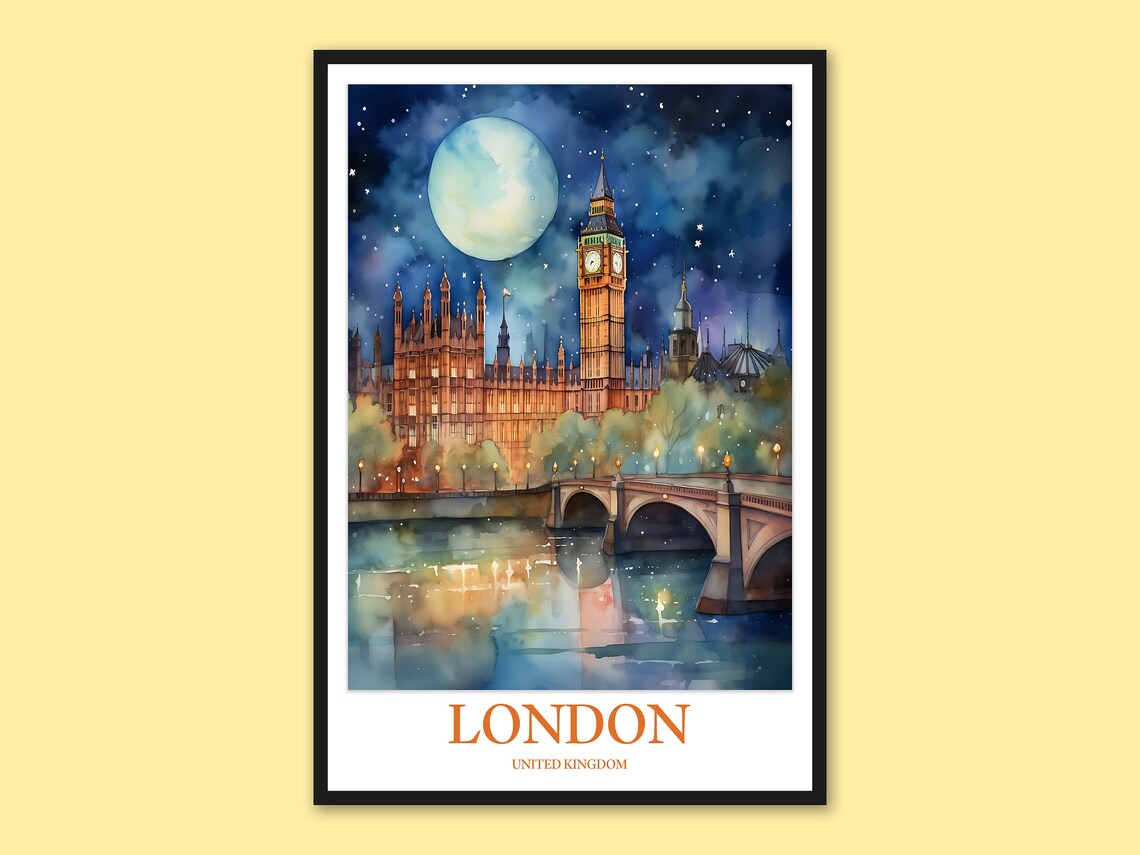 London Big Ben Moonlit Night Watercolor United Kingdom Travel Poster