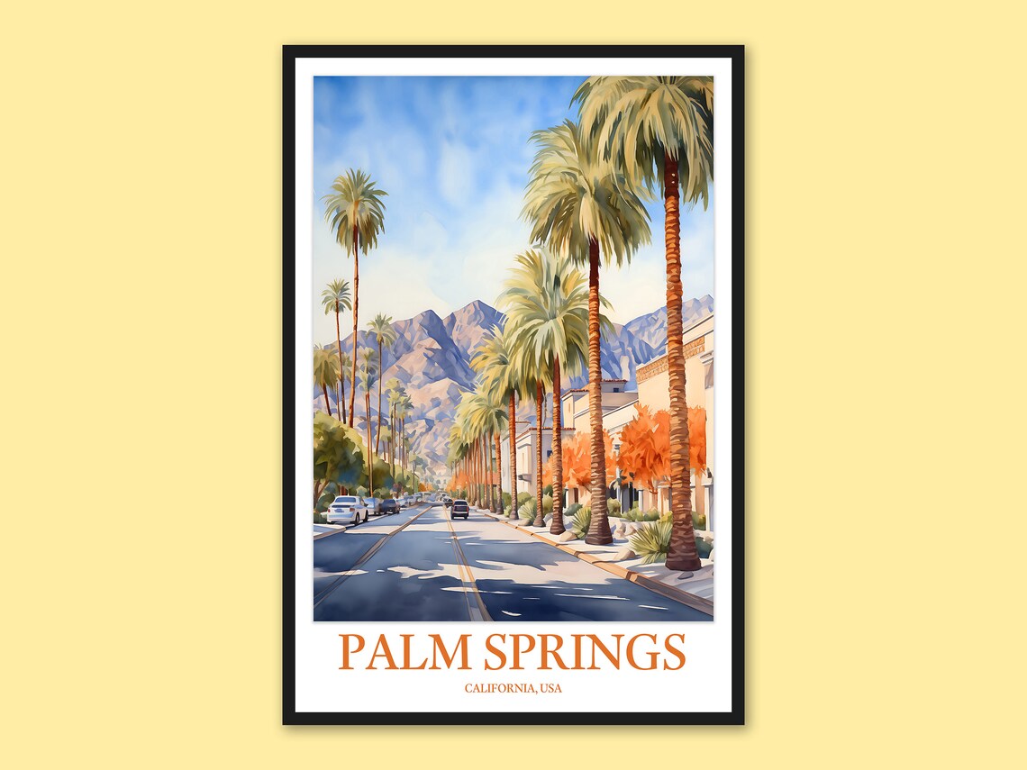 Palm Springs California Palm Lined Street Watercolor Travel Poster