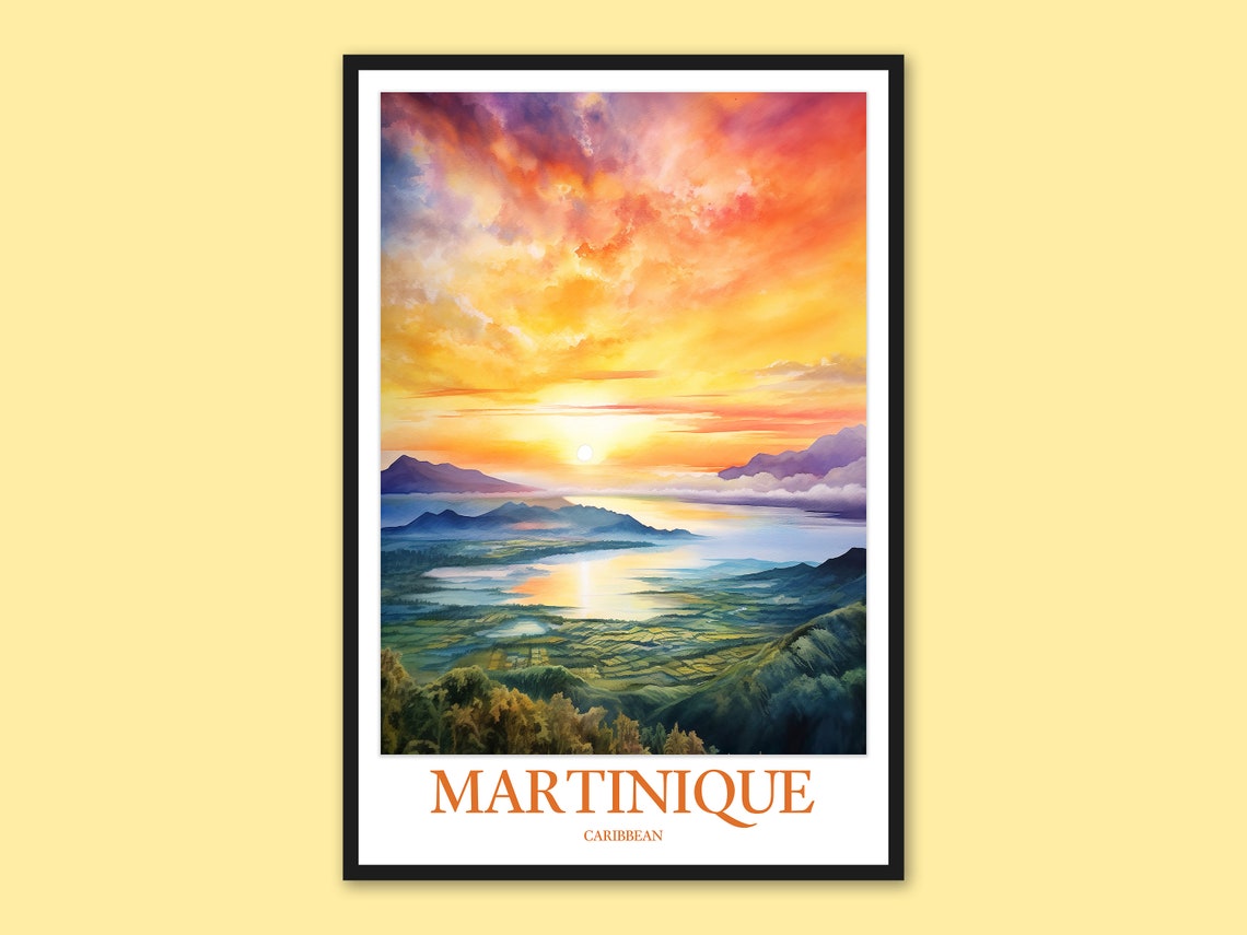 Martinique Caribbean Sunset Bay View Over Mount Pele Travel Poster