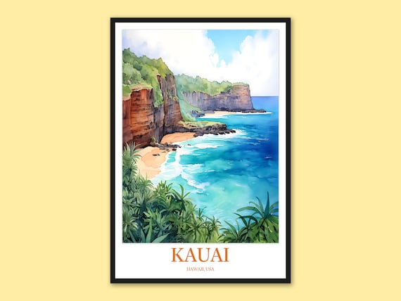 Kauai Hawaii Red Cliff Beach Cove Turquoise Water Watercolor Travel Poster