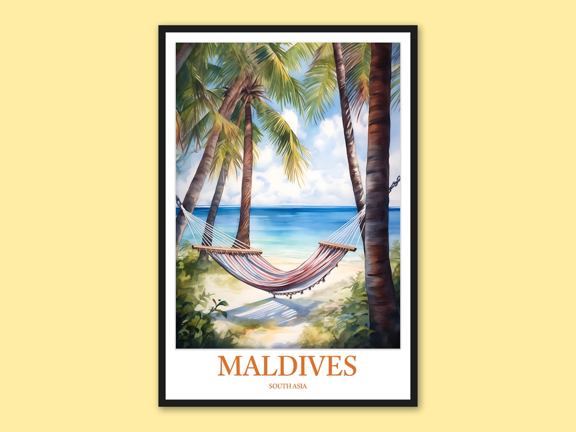 Maldives Striped Hammock Between Palm Trees Beach Travel Poster