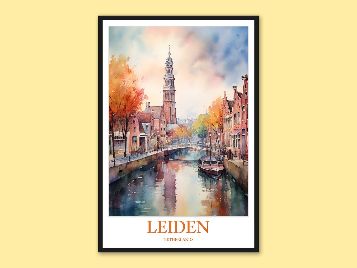 Leiden Netherlands Autumn Canal Boats Watercolor Travel Poster