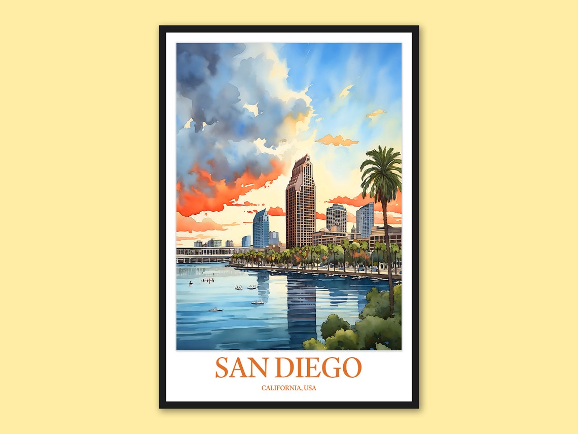 San Diego Sunset Watercolor Skyline Bayfront Travel Poster Art