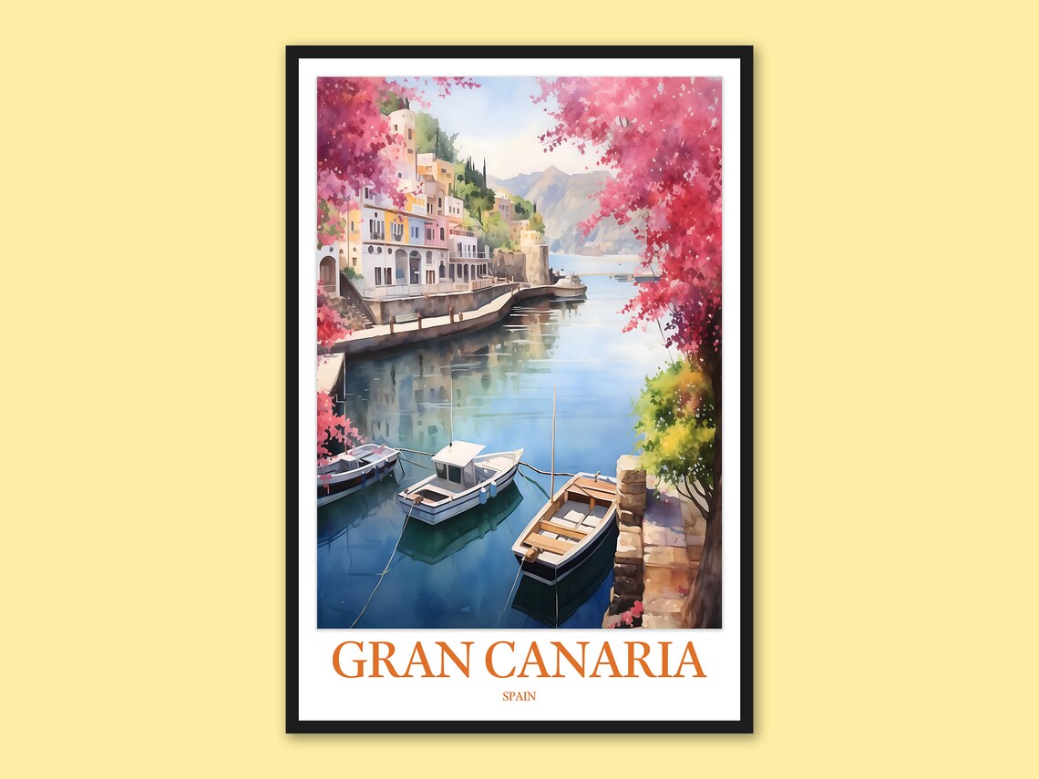 Gran Canaria Spain Harbor Moored Boats Pink Blossom Watercolor Poster
