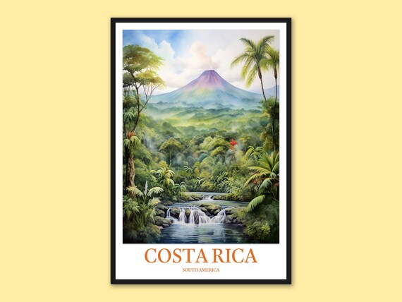 Costa Rica Travel Poster Arenal Volcano Tropical Forest Art