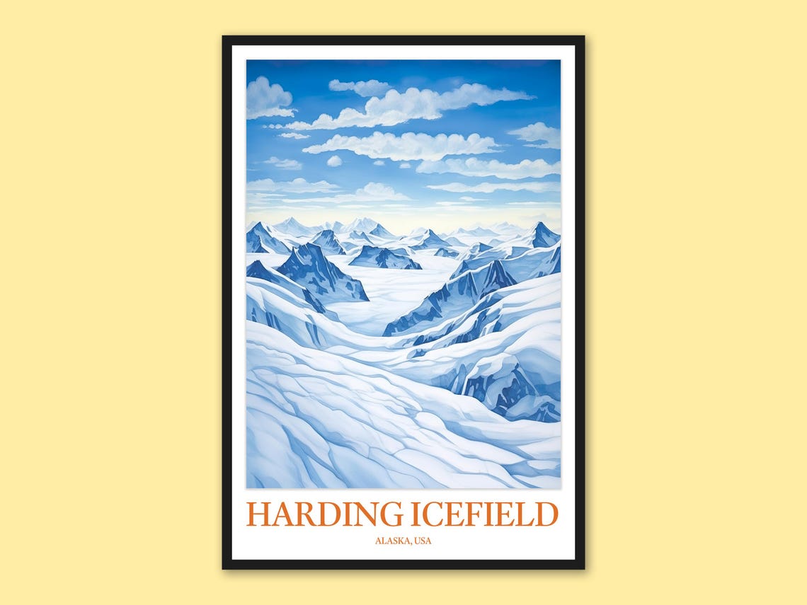 Harding Icefield Alaska Aerial Snowy Peaks Watercolor Poster