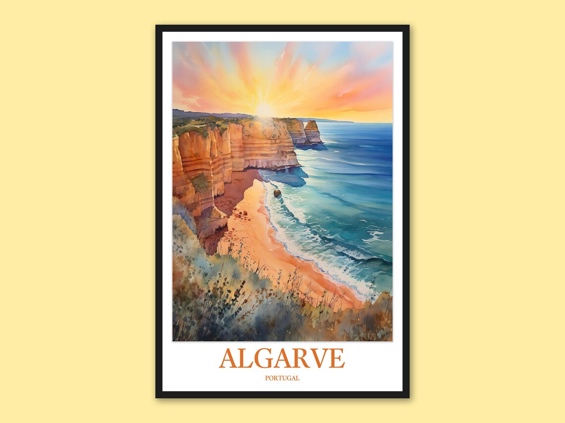 Algarve Portugal Sunrise Over Golden Cliffs Watercolor Poster