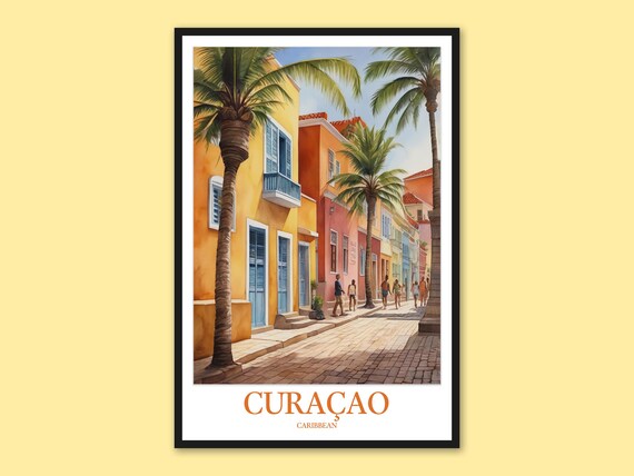 Curacao Cobbled Street Tall Palm Historic Buildings Caribbean Art Poster