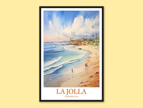 La Jolla California Turquoise Waves Shoreline Walkers Watercolor Travel Poster