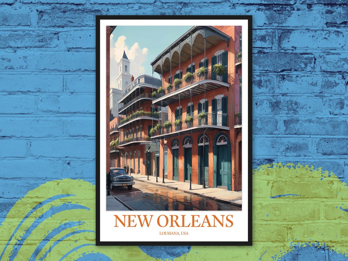 New Orleans French Quarter Vintage Balconies Street Travel Poster