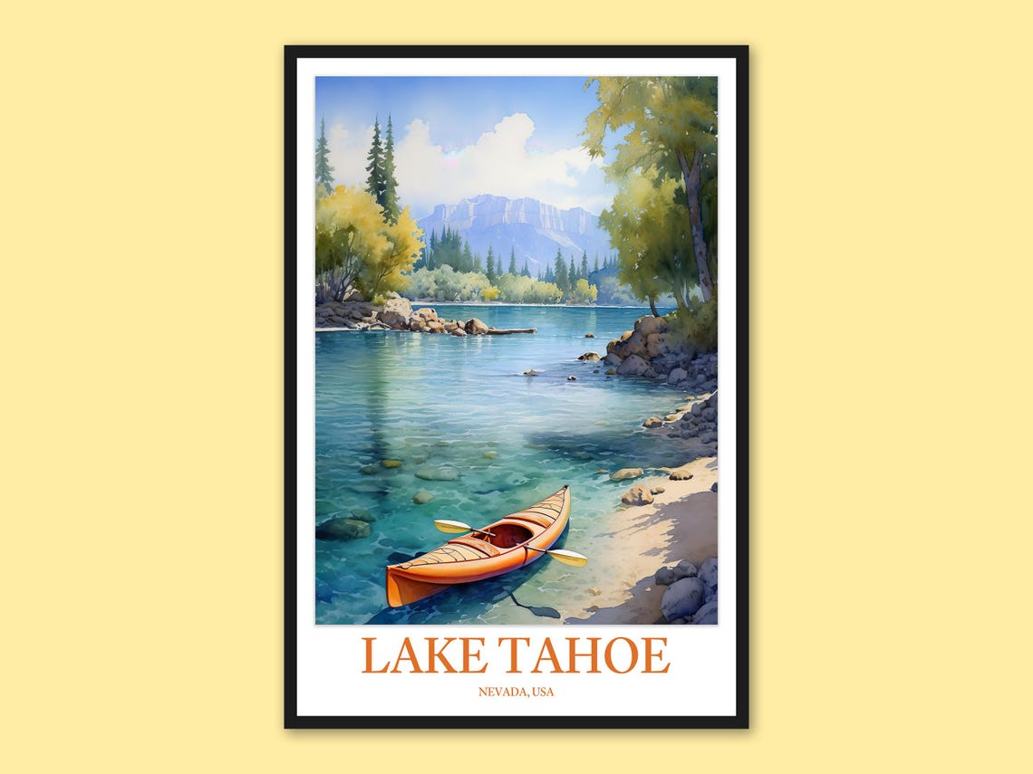 Lake Tahoe Orange Kayak Crystal Clear Water Nevada Travel Poster