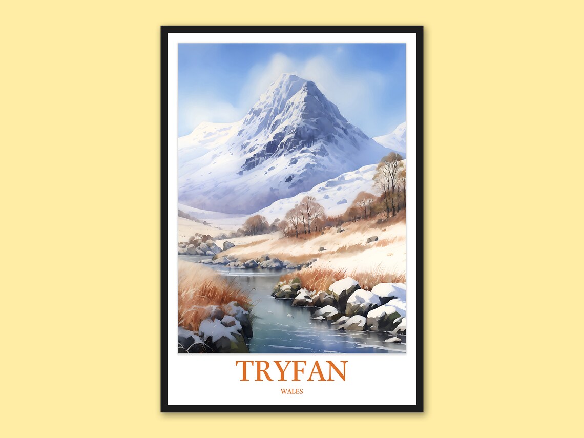 Tryfan Wales Snow-Covered Mountain Stream Winter Travel Poster