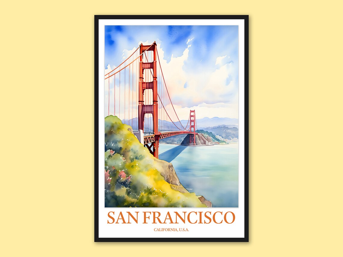 San Francisco Golden Gate Bridge Watercolor California Travel Poster
