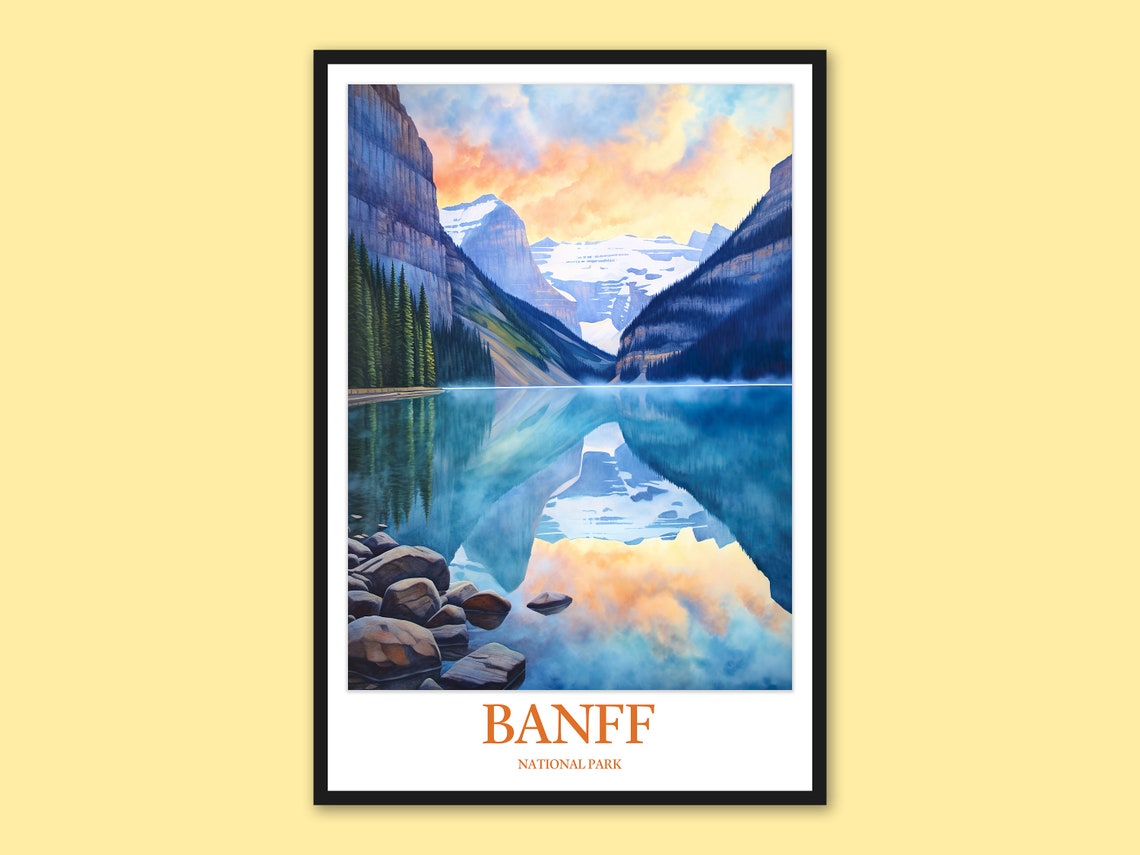 Banff National Park Lake Reflection Sunset Clouds Travel Poster