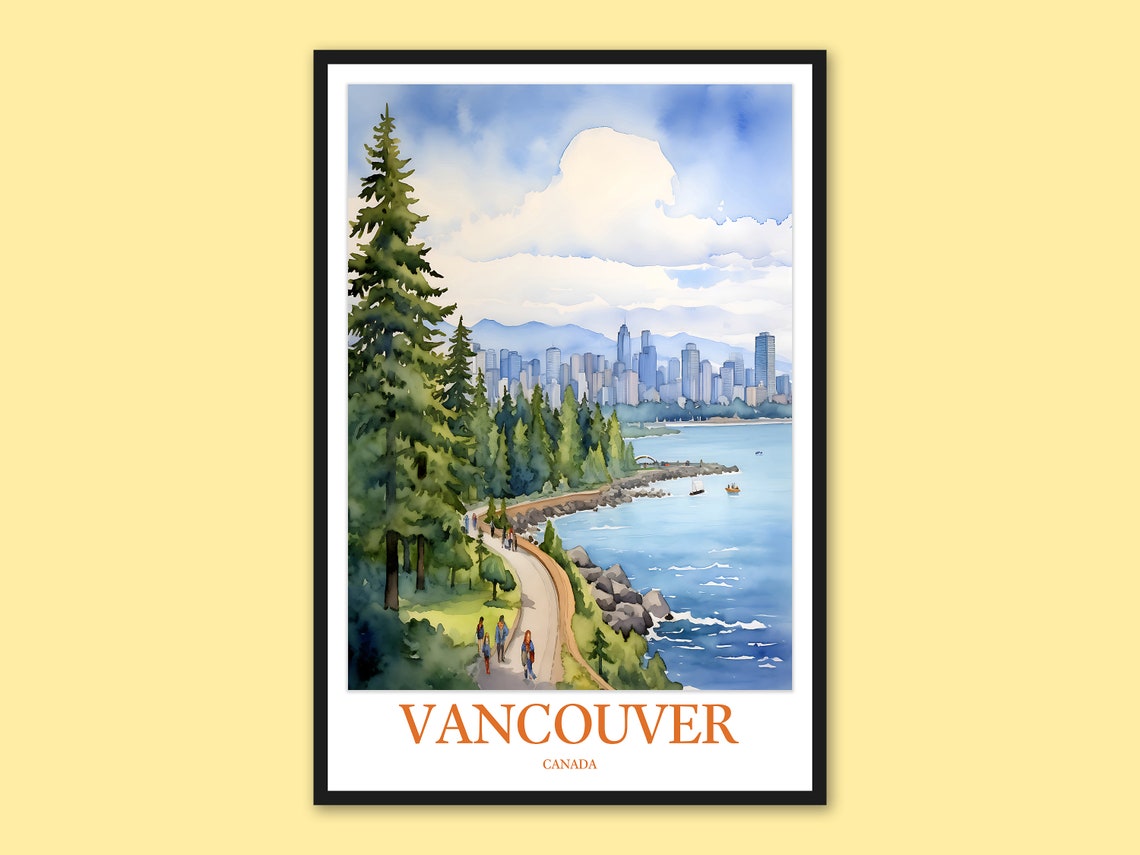 Vancouver Canada Stanley Park Seawall Waterfront Watercolor Poster