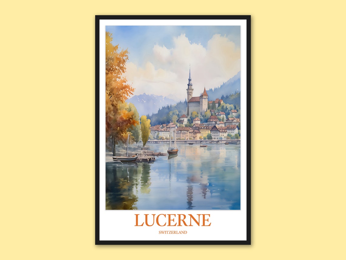Lucerne Switzerland Watercolor Lakeside Old Town Summer Scene Wall Art