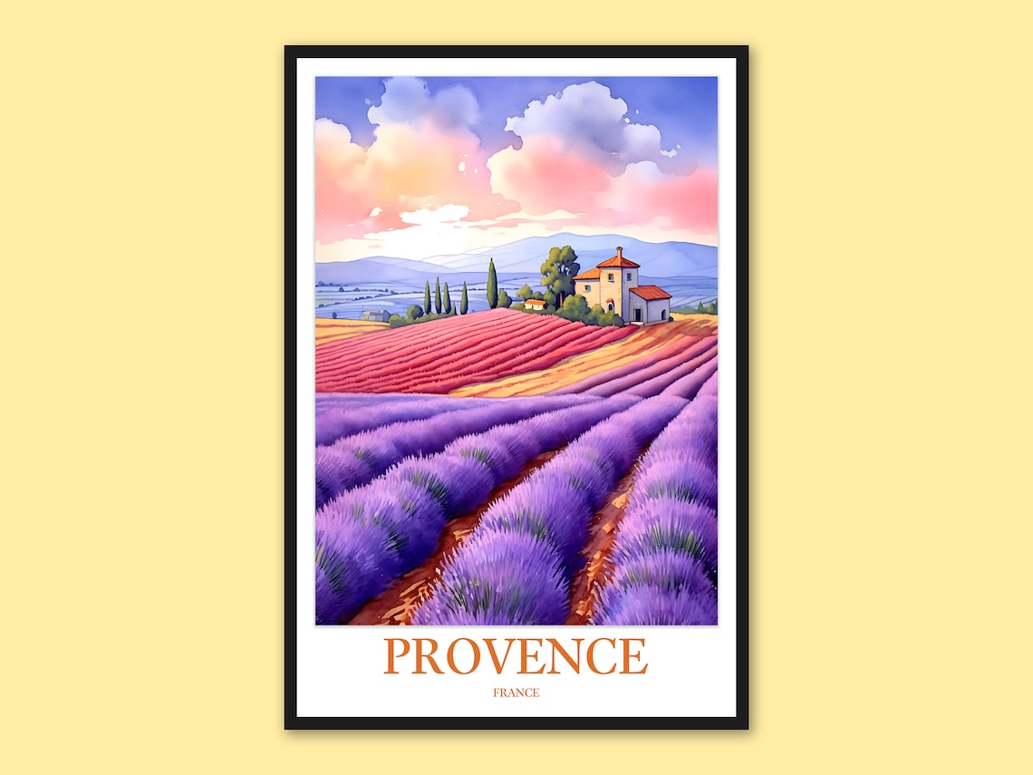 Provence France Lavender Hills Farmhouse Watercolor Travel Poster