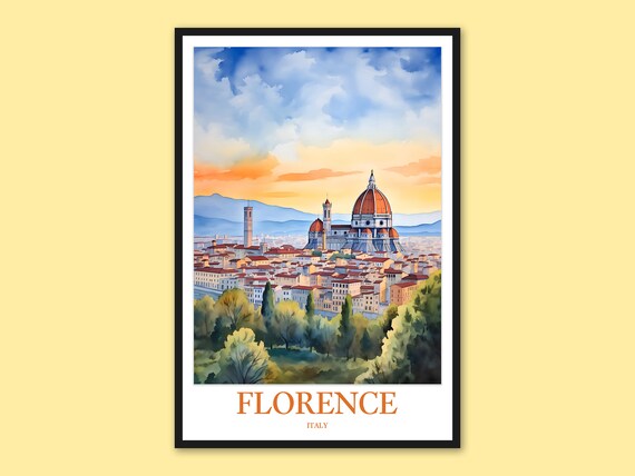 Florence Italy Duomo Cathedral Sunset Skyline Watercolor Travel Poster