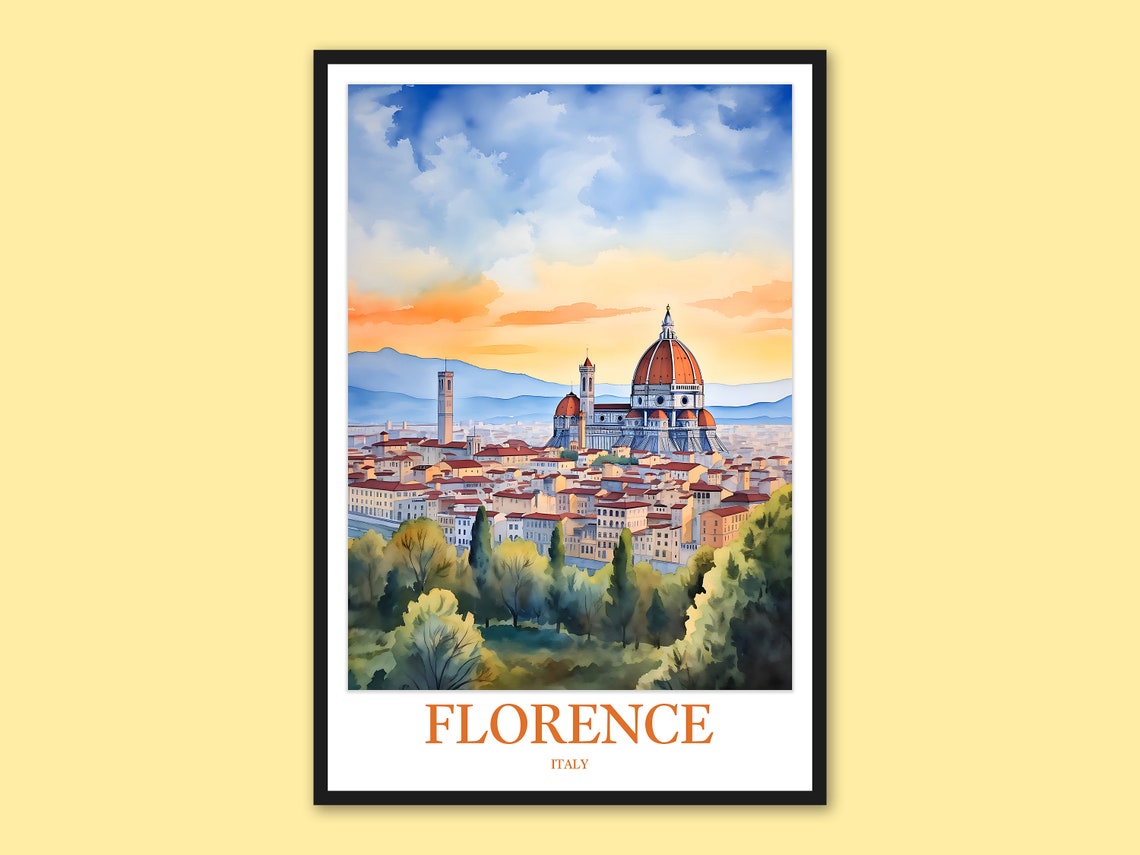 Florence Italy Duomo Cathedral Sunset Skyline Watercolor Travel Poster