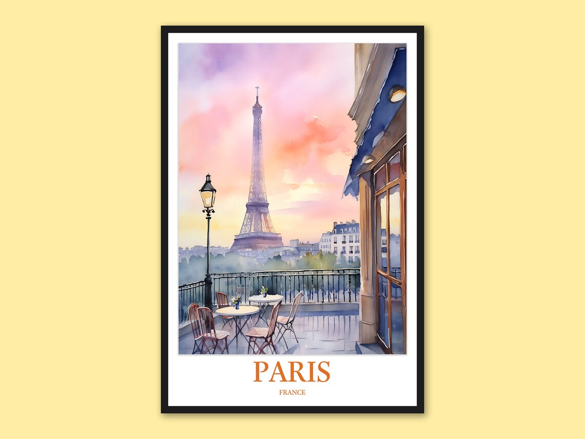 Paris Eiffel Tower Sunset Terrace Golden Watercolor France Poster