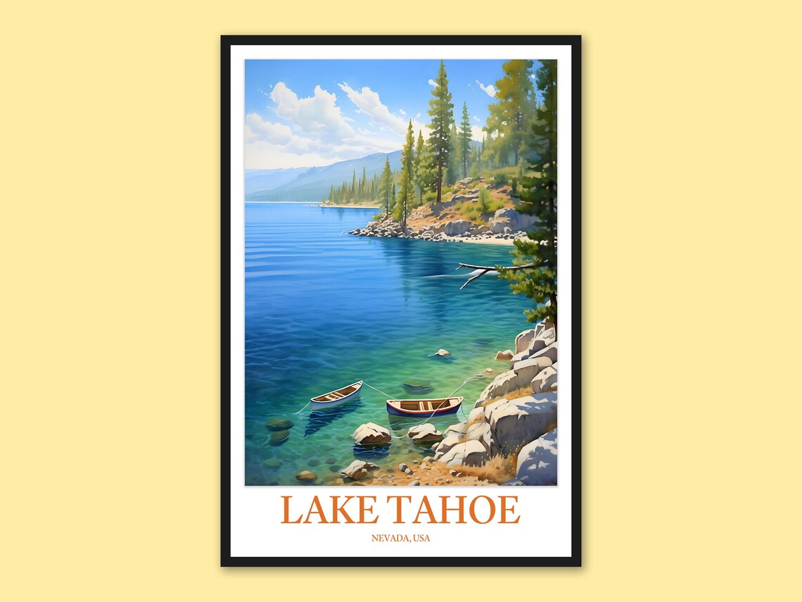 Lake Tahoe Turquoise Cove Rowboats Pines Nevada Travel Poster