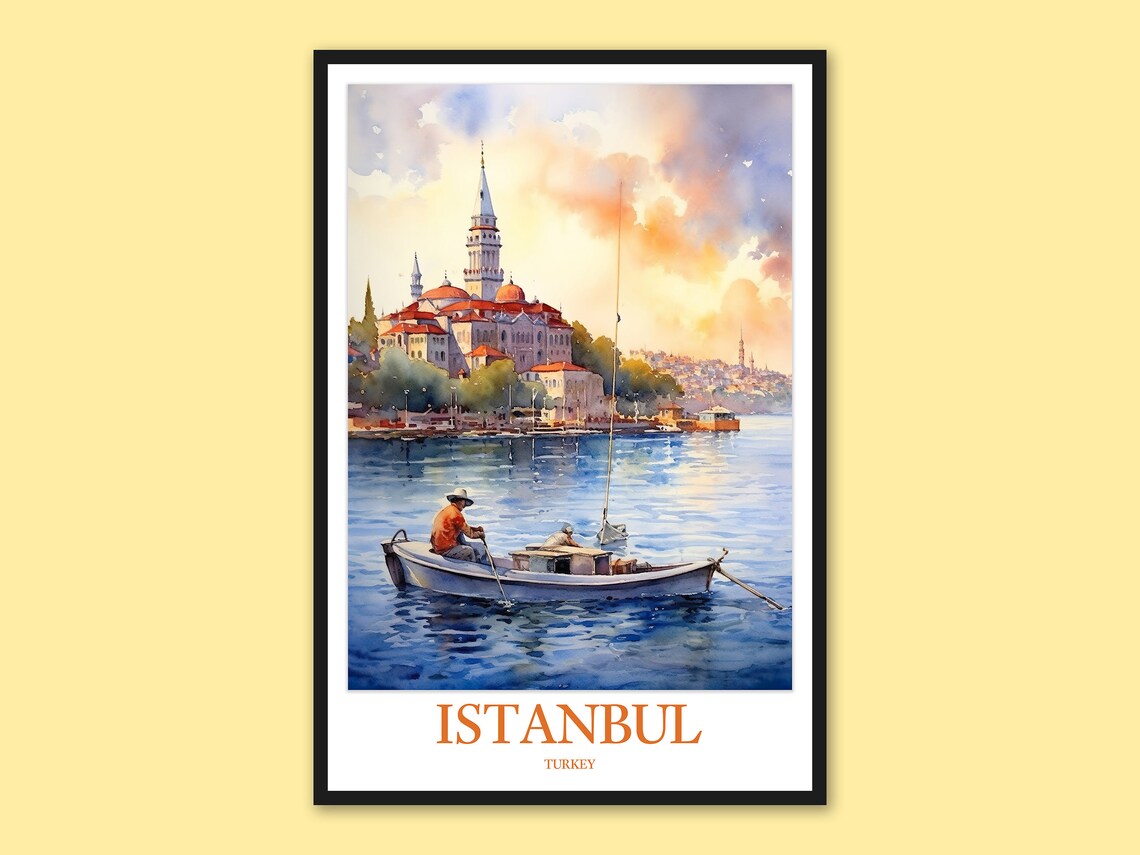Istanbul Turkey Fisherman Boat and Galata Tower Watercolor Poster